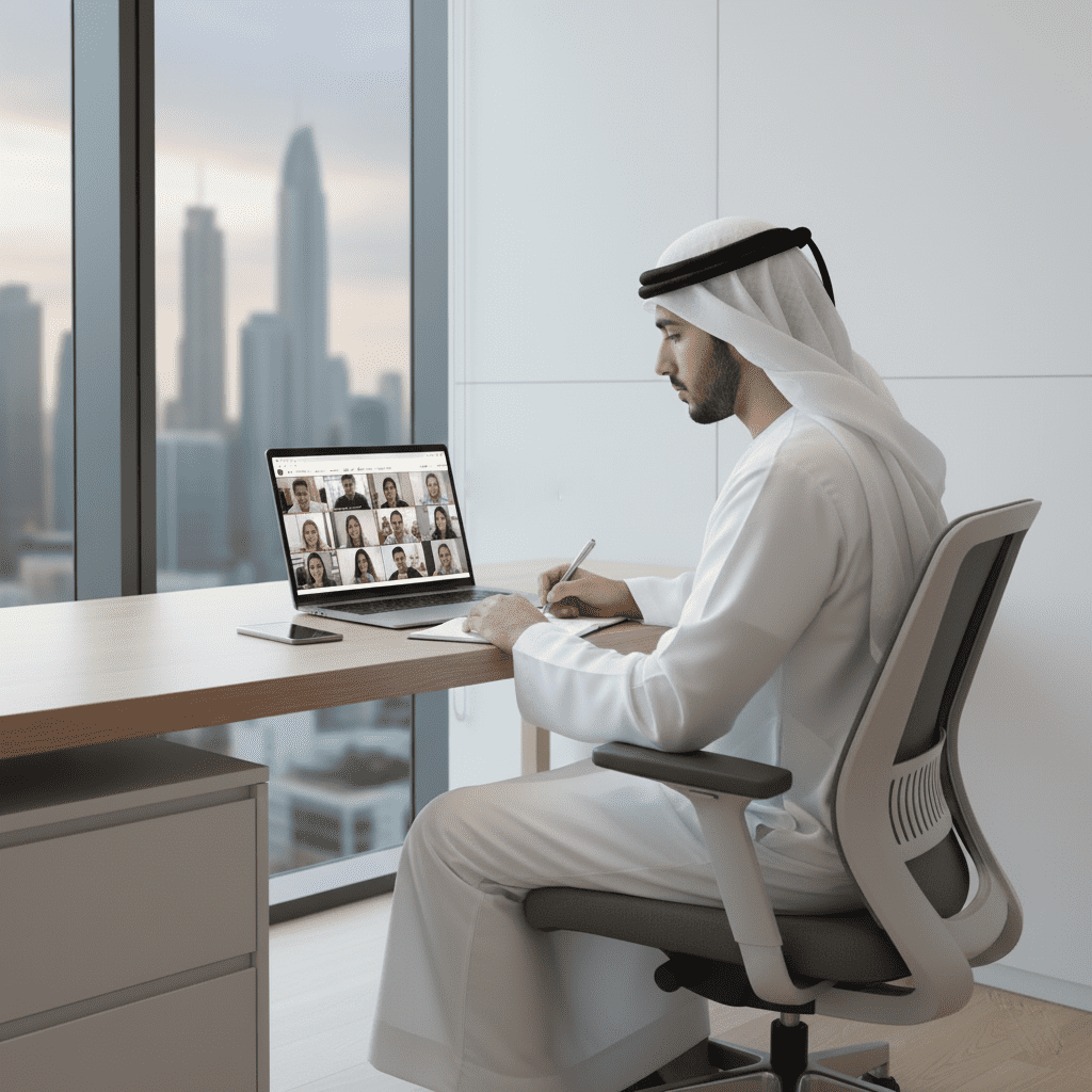  رجل إماراتي يدرس أونلاين ضمن برنامج معتمد من Gate Academy. 